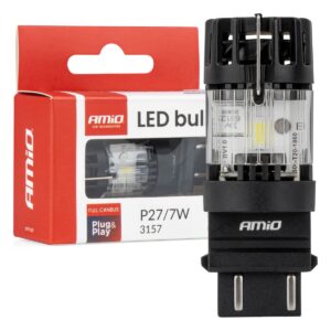 Amio – LED CSP P27/7W 3157 Καρφωτό 12V 66W 4800lm 6500K Full CANBUS για Στοπ & Θέσης Ισχυρό Φως – 1 Τεμ. (04691/AM)
